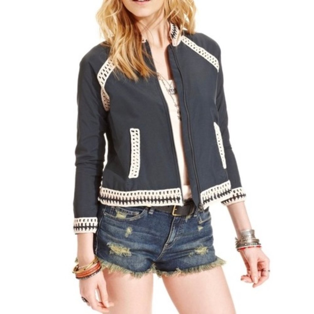 Free People Crochet Trim Baseball Zip Jacket XS
